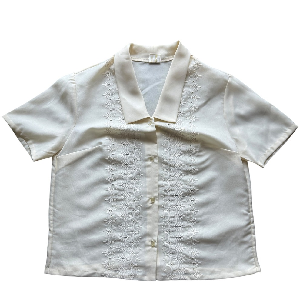 Vintage Terylene Eyelet Embroidered Blouse Romantic Secretary Top 44 Ivory
